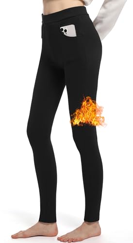 LYRIKER Thermo Leggings Gefüttert Damen Winter Fleece Thermoleggings aus Baumwolle Thermoleggins mit Taschen Schwarz XL-XXL von LYRIKER