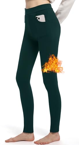 LYRIKER Thermo Leggings Gefüttert Damen Winter Fleece Thermoleggings aus Baumwolle Thermoleggins mit Taschen Tiefgrün XL-XXL von LYRIKER