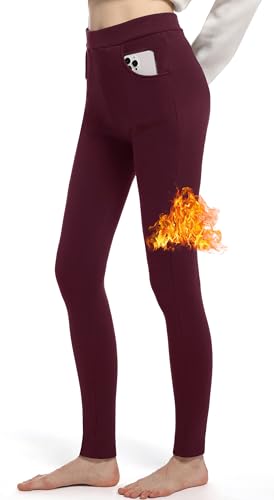 LYRIKER Thermo Leggings Gefüttert Damen Winter Fleece Thermoleggings aus Baumwolle Thermoleggins mit Taschen Weinrot XL-XXL von LYRIKER