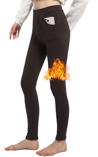 LYRIKER Thermoleggings für Damen Gefüttert mit Taschen High Waist Thermal Warme Leggings mit Fleece Braun von LYRIKER