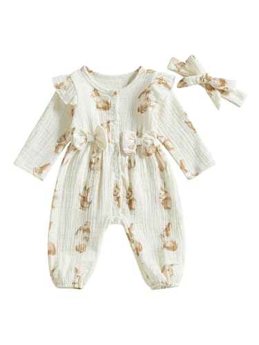 Baby Mädchen Ostern Strampler Karotte Häschen Druck Rüschen Bodysuit Langarm Volle Länge Knopf Overall mit Stirnband, A-Kaninchen, 3-6 Months von LYSINK