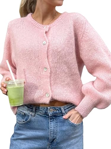 Damen Crop Knit Cardigan, Langarm Rundhals Button Down Solid Cardigan Sweater Casual Cropped Knit Tops, A-C-Rosa, L von LYSINK