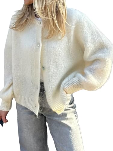 Damen Crop Knit Cardigan, Langarm Rundhals Button Down Solid Cardigan Sweater Casual Cropped Knit Tops, A-D-Weiß, M von LYSINK