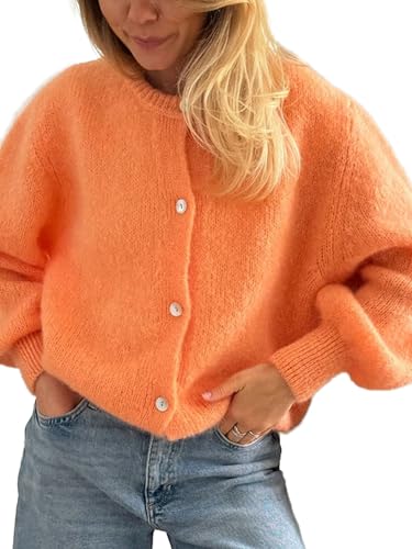 Damen Crop Knit Cardigan, Langarm Rundhals Button Down Solid Cardigan Sweater Casual Cropped Knit Tops, A-G, Orange, M von LYSINK