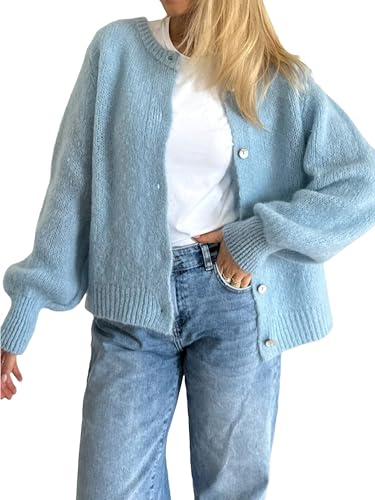 Damen Crop Knit Cardigan, Langarm Rundhals Button Down Solid Cardigan Sweater Casual Cropped Knit Tops, A-b-blau, M von LYSINK