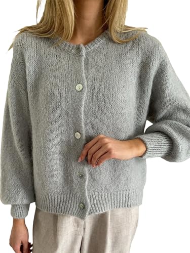 Damen Crop Knit Cardigan, Langarm Rundhals Button Down Solid Cardigan Sweater Casual Cropped Knit Tops, A-e-Hellgrau, XL von LYSINK