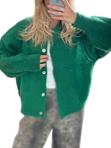 Damen Crop Knit Cardigan, Langarm Rundhals Button Down Solid Cardigan Sweater Casual Cropped Knit Tops, A-f-Smaragd, M von LYSINK