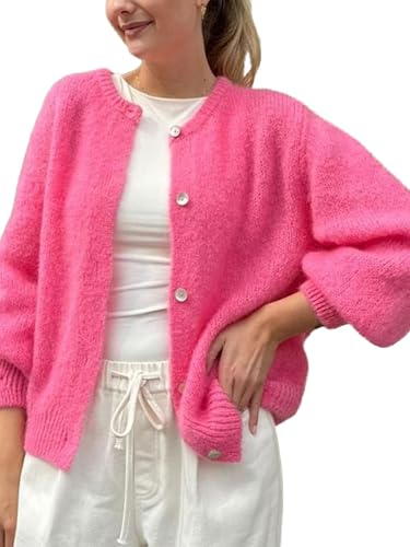 Damen Crop Knit Cardigan, Langarm Rundhals Button Down Solid Cardigan Sweater Casual Cropped Knit Tops, A-h-watermelon red, XL von LYSINK