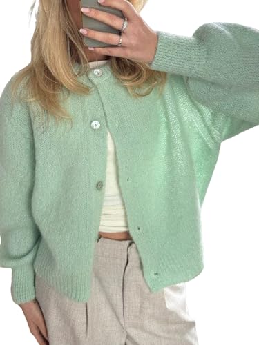 Damen Crop Knit Cardigan, Langarm Rundhals Button Down Solid Cardigan Sweater Casual Cropped Knit Tops, A-i-Grün, M von LYSINK