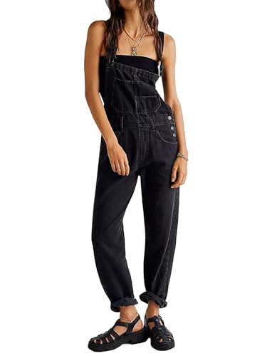 Damen Retro Denim Overalls Casual Straight Wide Leg Bib Jeans Verstellbare Träger Loose Fit Baggy Jumpsuit, A-Balck, S von LYSINK