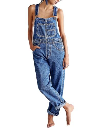 Damen Retro Denim Overalls Casual Straight Wide Leg Bib Jeans Verstellbare Träger Loose Fit Baggy Jumpsuit, A-a-a-blue, XXL von LYSINK