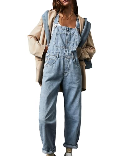 Damen Retro Denim Latzhose Lässig Gerade Weites Bein Latz-Jeans Verstellbare Träger Lockere Passform Weite Overall von LYSINK