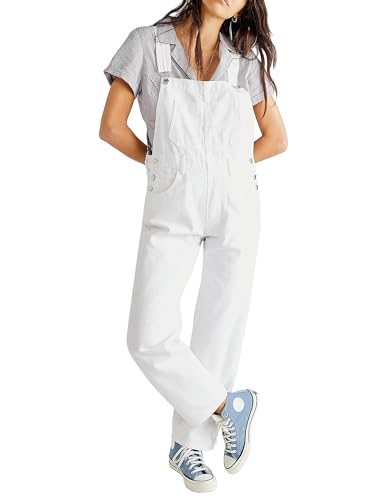 Damen Retro Denim Overalls Casual Straight Wide Leg Bib Jeans Verstellbare Träger Loose Fit Baggy Jumpsuit, A-weiß, XL von LYSINK