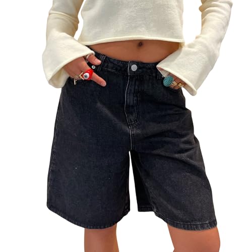 Knielange Denim-Shorts für Damen, Baggy, einfarbig, niedrige Leibhöhe, weites Bein, Jeans-Bermuda-Shorts mit Taschen, lässige Jorts, 02schwarz, S von LYSINK