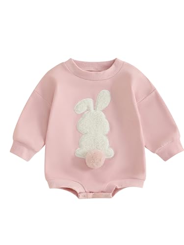 LYSINK Baby Jungen Mädchen Ostern Sweatshirt Strampler Fuzzy Bunny Stickerei Jumpsuits Rundhals Langarm Einteiler Outfits, A-a-Pink, 6-12 Months von LYSINK