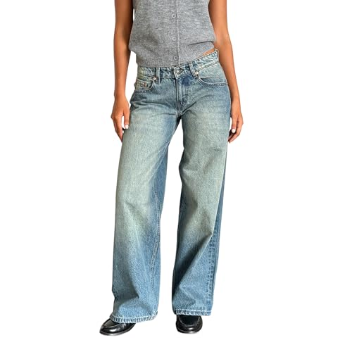 LYSINK Damen-Jeans mit weitem Bein, lockere Taille, gerade mit Taschen, Sommer, Frühling, lässig, Denim, lange Hose, Ba Sky Blue, L von LYSINK