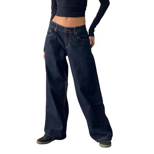 LYSINK Damen-Jeans mit weitem Bein, lockere Taille, gerade mit Taschen, Sommer, Frühling, lässig, Denim, lange Hose, Bb Dunkelblau, M LYSINK Damen-Jeans mit weitem Bein, lockere Taille, gerade mit Taschen, Sommer, Frühling, lässig, Denim, lange Hose, Bb Dunkelblau, M von LYSINK
