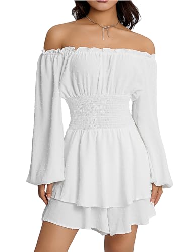 LYSINK Damen-Minikleid mit gestuften Rüschen, schulterfrei, langärmelig, Chiffon, kurzes Kleid, Milchmädchenkleid, A-a-a-white, S von LYSINK