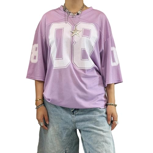 LYSINK Damen Y2k Oversized Jersey Shirts V-Ausschnitt Halbarm Nummer Grafik Shirts Sommer Casual Jersey Streetwear Tops, 19 Violett 08, XL von LYSINK