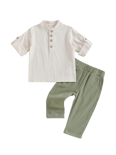 LYSINK Kinder Jungen Sommer Baumwolle Leinen 2 Stück Outfits Knöpfe Kurzarm Shirts mit langen Hosen Farbe Clash Bekleidungssets, A-Grasgrün, 110 von LYSINK