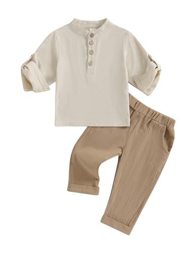 LYSINK Kinder Jungen Sommer Baumwolle Leinen 2 Stück Outfits Knöpfe Kurzarm Shirts mit langen Hosen Farbe Clash Bekleidungssets, A-Kaki, 80 von LYSINK