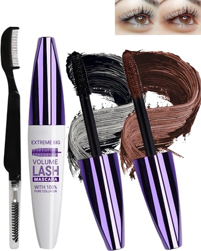 2 Colored 5D Schwarz Seidenfaser Wimpern Wimperntusche Wasserfest mit Wimpernkammbürste,Black brown Waterproof Mascara,Verlängerndes,Voluminöses,Langlebiges,Cosplay Party Use Bunt Augen Makeup-01+02 von LYSdefeu