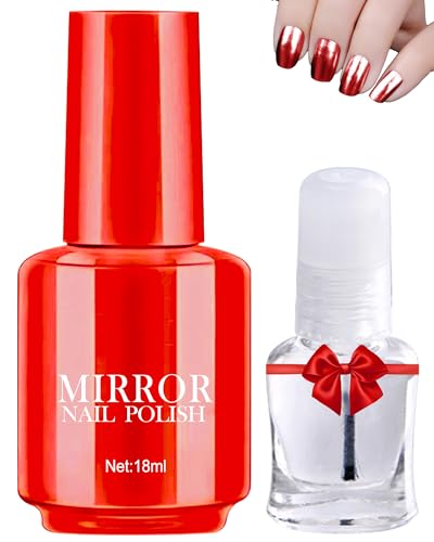 2Pcs Mirror Gel Nagellack Satz,Rot Metallic Langanhaltend Schnell Trocknend Gel Polish mit Crystal Clear Base Top Coat Glänzen Effekt,Soak Off UV LED Lampe für Zuhause DIY Maniküre Art Nail Gellack-04 von LYSdefeu