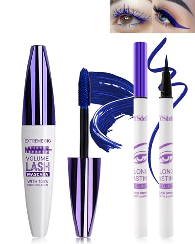 5D Blau Seidenfaser Mascara Und Blue Flüssiger Eyeliner Set,Wasserfester Und Wischfester Liquid Eyeliner,Langlebige Volumizing Curling Verlängerung Wimpern Wimperntusche Für Partys Bunt Augen Makeup-4 von LYSdefeu