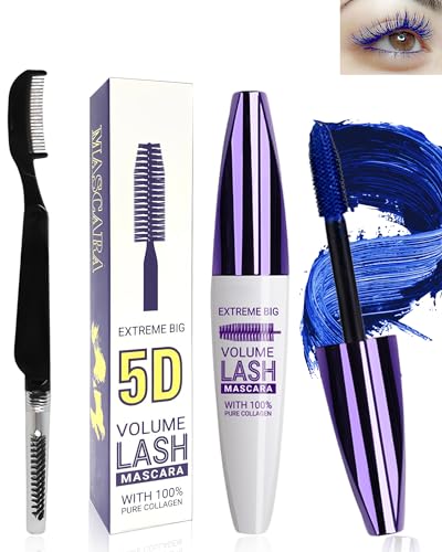 5D Blau Seidenfaser Wimpern Wimperntusche Wasserfest mit Wimpernkammbürste,Blue Telescopic Waterproof Colored Mascara,Verlängerndes,Voluminöses,Langlebiges,Cosplay Party Use Bunt Augen Makeup-04Blaue von LYSdefeu