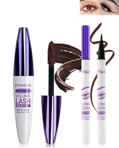 5D Braun Seidenfaser Mascara Und Flüssiger Eyeliner Set, Wasserfester Und Wischfester Liquid Eyeliner, Langlebige Volumizing Curling Verlängerung Wimpern Wimperntusche Für Partys Bunt Augen Makeup-2 von LYSdefeu