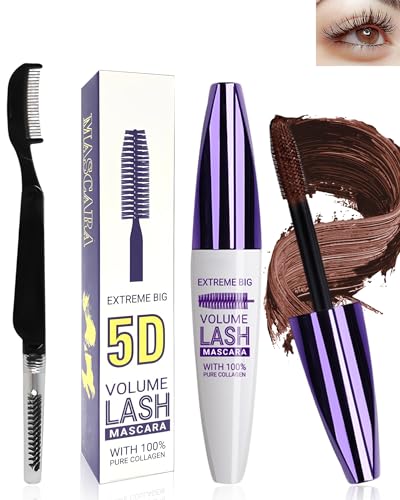 5D Braun Seidenfaser Wimpern Wimperntusche Wasserfest mit Wimpernkammbürste,Brown Telescopic Waterproof Colored Mascara,Verlängerndes,Voluminöses,Langlebiges,Cosplay Party Use Bunt Augen Makeup-02 von LYSdefeu