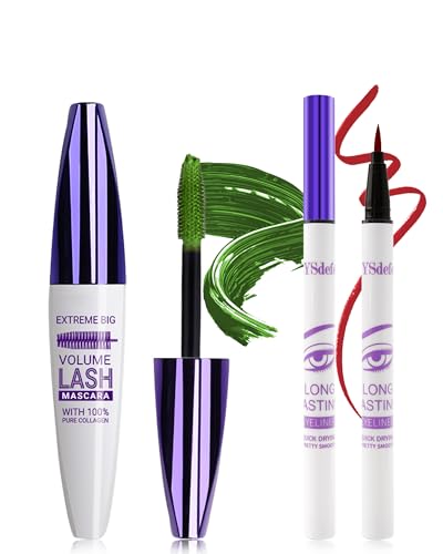 5D Grün Seidenfaser Mascara Und red Flüssiger Eyeliner Set, Wasserfester & Wischfester Liquid Eyeliner,Langlebige Volumizing Curling Verlängerung Wimpern Wimperntusche Für Partys Bunt Augen Makeup-6 von LYSdefeu