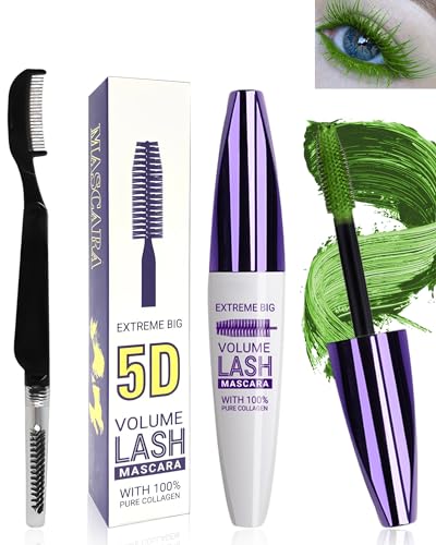 5D Grün Seidenfaser Wimpern Wimperntusche Wasserfest mit Wimpernkammbürste,Green Telescopic Waterproof Colored Mascara,Verlängerndes,Voluminöses,Langlebiges,Cosplay Party Bunt Augen Makeup-06 Grünes von LYSdefeu