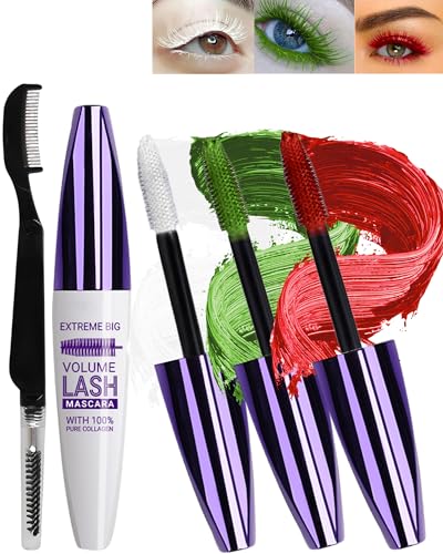 5D Grün Seidenfaser Wimpern Wimperntusche Wasserfest mit Wimpernkammbürste,White Rot Green Telescopic Waterproof Colored Mascara,Verlängerndes,Voluminöses,Langlebiges,Cosplay Party Bunt Augen Makeup von LYSdefeu