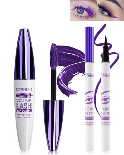 5D Lila Seidenfaser Mascara Und Purple Flüssiger Eyeliner Set,Wasserfester & Wischfester Liquid Eyeliner,Langlebige Volumizing Curling Verlängerung Wimpern Wimperntusche Für Partys Bunt Augen Makeup-5 von LYSdefeu