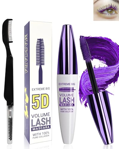 5D Lila Seidenfaser Wimpern Wimperntusche Wasserfest mit Wimpernkammbürste,Purple Telescopic Waterproof Colored Mascara,Verlängerndes,Voluminöses,Langlebiges,Cosplay Party Bunt Augen Makeup-05Violett von LYSdefeu