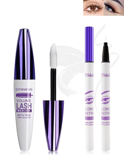 5D Weiß Seidenfaser Mascara Und White Flüssiger Eyeliner Set, Wasserfester & Wischfester Liquid Eyeliner,Langlebige Volumizing Curling Verlängerung Wimpern Wimperntusche Für Partys Bunt Augen Makeup-3 von LYSdefeu