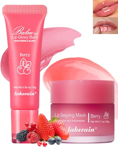 Feuchtigkeitsspendende Lippenbalsam & Lippenmaske Set,Hydrating Lip Glowy Balm und Lip Sleeping Mask,Lip Treatment,Nährende Lippenpflege zur Aufhellung von Lippenfältchen, Geschenkset für Frauen-Berry von LYSdefeu