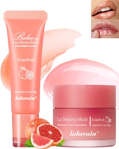 Feuchtigkeitsspendende Lippenbalsam & Lippenmaske Set,Hydrating Lip Glowy Balm und Lip Sleeping Mask,Lippen Treatment,Lippenpflege zur Aufhellung von Lippenfältchen, Geschenkset für Frauen-Grapefruit von LYSdefeu