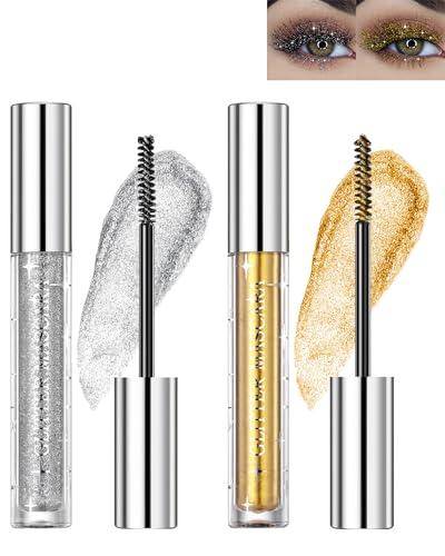Glitter Mascara-2 Farben Gold Silber 4D Glitzer Wimperntusche, Glänzende Diamant Langlebige Volumizing Curling Verlängerung Wimpern, Wischfester Schimmern Augen Makeup Für Frauen Partys-Gold Silver von LYSdefeu