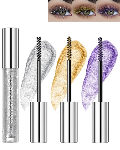 Glitter Mascara-3 Farben Gold Silber Lila 4D Glitzer Wimperntusche,Glänzende Diamant Langlebige Volumizing Curling Verlängerung Wimpern,Wischfester Schimmern Augen Makeup Für Frauen-Gold Silver Purple von LYSdefeu