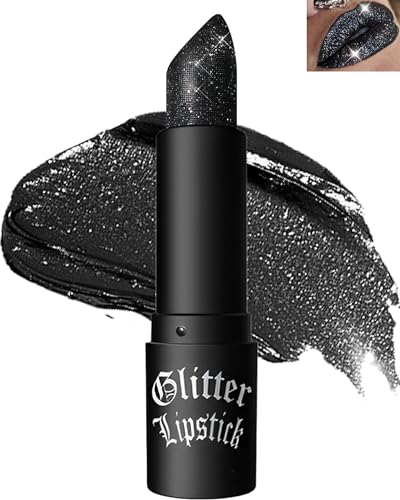 Glitzer-Lippenstift,Wasserdichter Lang anhaltender Lipgloss, Diamond Metallic Funkelnder Matt Lippenstift, Matte Glitter Lipstick Lip Gloss für Frauen Lippen Make-up,Geschenk zum Frauentag-06 Schwarz von LYSdefeu