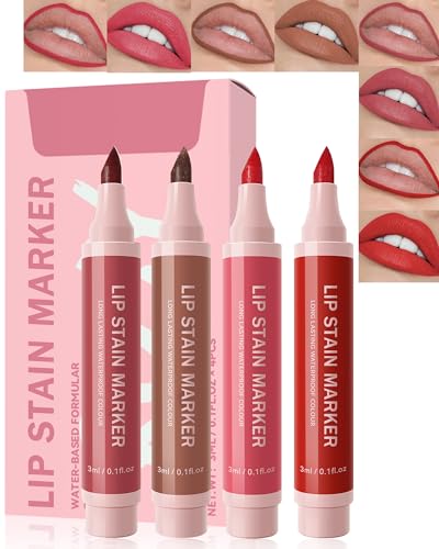 Lip Tint Stain Marker Pen Set-4 Stück Feuchtigkeitsspendende Wasserfester Abnehmbarer Lippenstift Lippenkonturenstift,Long Lasting Colour Lip Marker,No-Transfer Lipgloss,Natürlicher Tattoo Matt Effekt von LYSdefeu