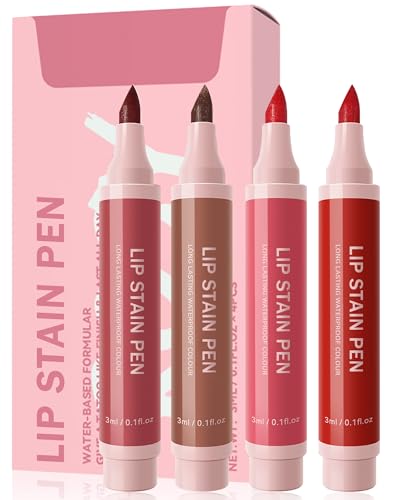 Lip Tint Stain Pen Set-4 Stück Feuchtigkeitsspendende Wasserfester Abnehmbarer Lippenstift Lippenkonturenstift,Long Lasting Colour Lip,No-Transfer Lipgloss,Natürlicher Tattoo Matt Effekt von LYSdefeu