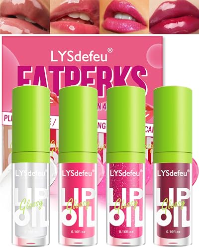 Lippenöl-4 Stück Professional Makeup Feuchtigkeitsspendender Getönter Lipgloss,Hydrating Plumper Lip Glow Oil Lip Stain Tint,Long Lasting Lippen Care Lippenöl,Lip Gloss Fat Lip Oil Drip-Set A von LYSdefeu