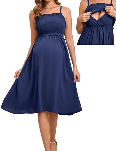 LYTHMER Damen Umstandskleid Stillkleid gesmoktes Midi-Maxikleid Verstellbare Spaghettiträger Quadratischer Ausschnitt Umstandskleidung, Dunkelblau, XX-Large von LYTHMER