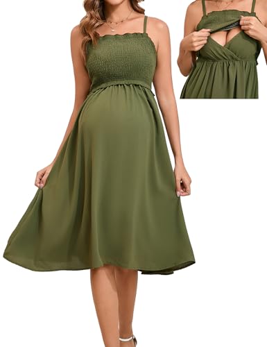 LYTHMER Damen Umstandskleid Stillkleid gesmoktes Midi-Maxikleid Verstellbare Spaghettiträger Quadratischer Ausschnitt Umstandskleidung, Olivgrün, Mittel von LYTHMER