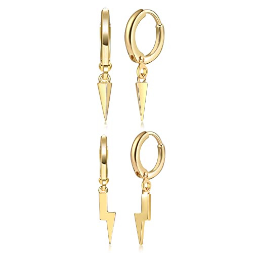 2 Paar Creolen Silber 925 für Damen | Golden Klein Ohrringe mit Anhänger Ahle & Blitz Klein Knorpel Creolen Ohrringe Set Piercingschmuck Weihnachten für Damen Herren von LYTOPTOP