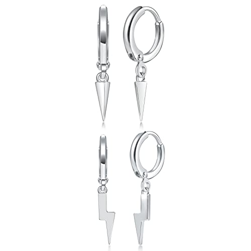 2 Paar Creolen Silber 925 für Damen | Silber Klein Ohrringe mit Anhänger Ahle & Blitz Klein Knorpel Creolen Ohrringe Set Piercingschmuck Weihnachten für Damen Herren von LYTOPTOP