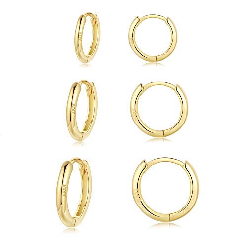 Damen Creolen Silber 925 Ohrringe Set- 3 Paar Hypoallergen Huggies Creolen Silber 925 Golden Klein Ohrringe Set Schlafen Knorpel Tragus Silber Schmuck für Damen Herren Geschenke 8/10/12mm von LYTOPTOP